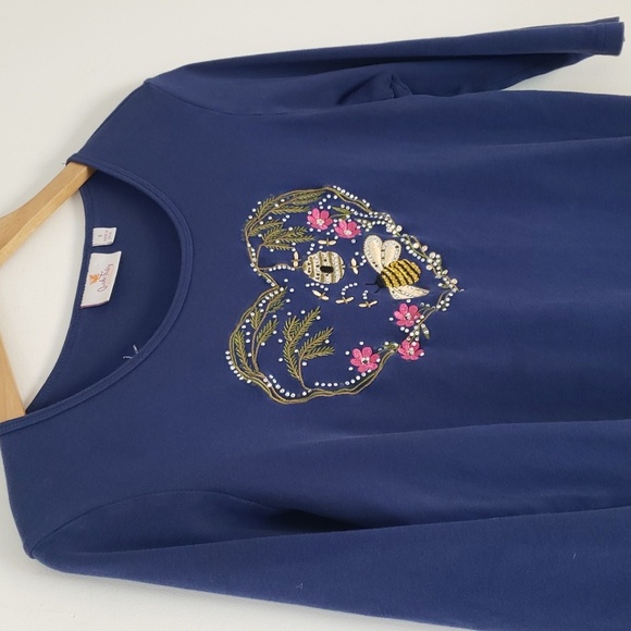 Quacker Factory Tops - QUACKER FACTORY Royal Blue Heart Bumble Bee  Embellished 3/4 Sleeve Top, Size S